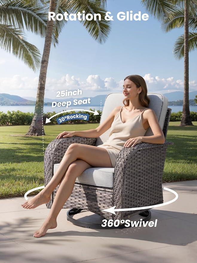 3-Piece Outdoor Patio Furniture Set with Swivel Chairs, Outdoor Conversation Wicker Sofa with Coffee Table, Rattan Couch for Deck Yard Poolside, Grey