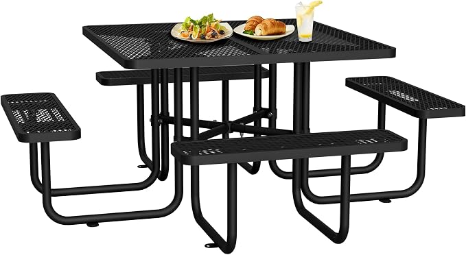 46" Iron Mesh Picnic Table with 1.73" Umbrella Hole Black | Rust & Heat-Resistant Square Outdoor Dining Table for Patio, Park, Backyard – All-Season Use, Safe Rounded Corners