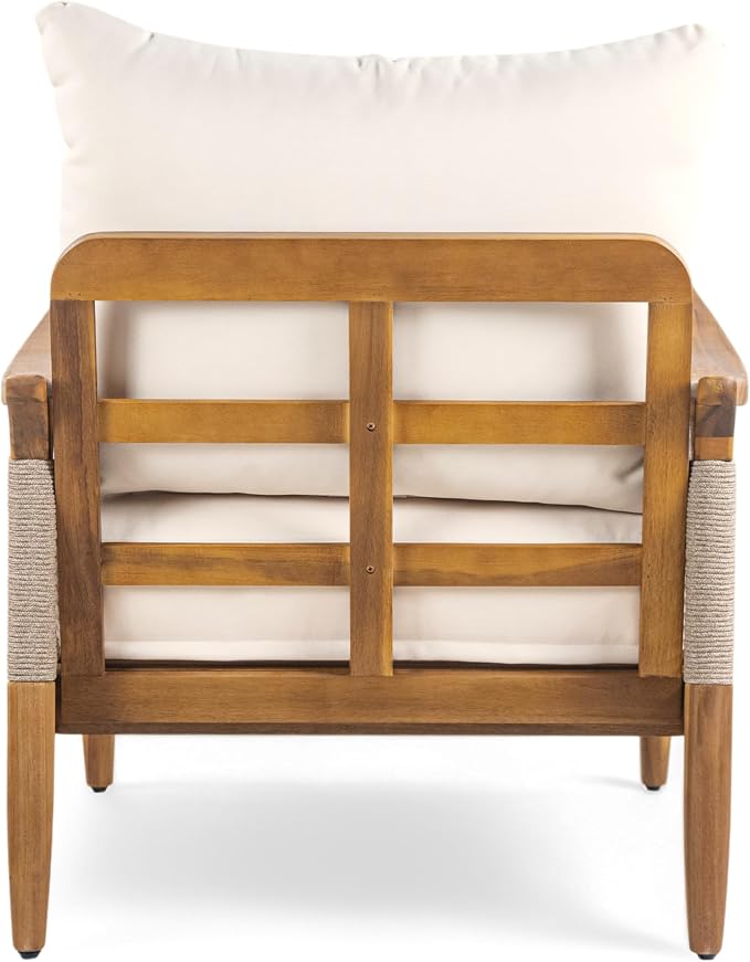 Christopher Knight Home Heidi Acacia Wood 5 Piece Patio Furniture Set 7-Seater Outdoor Loveseat, 3-Seater Sofa, Club Chairs and Coffee Table, Patio Conversation Set With Woven Rope Accents, Teak+Beige