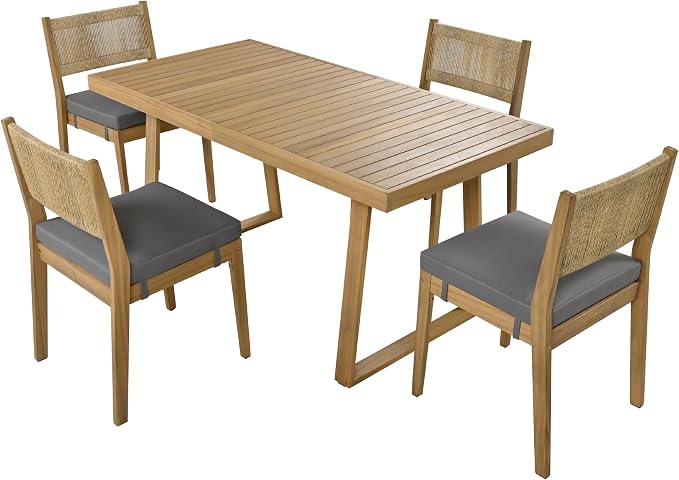 Merax Acacia Wood Outdoor Dining Set for 4,Waterproof Patio Furniture with 1 Table and 4 Chairs,and Thick Cushions for Balcony, Vourtyard, and Garden