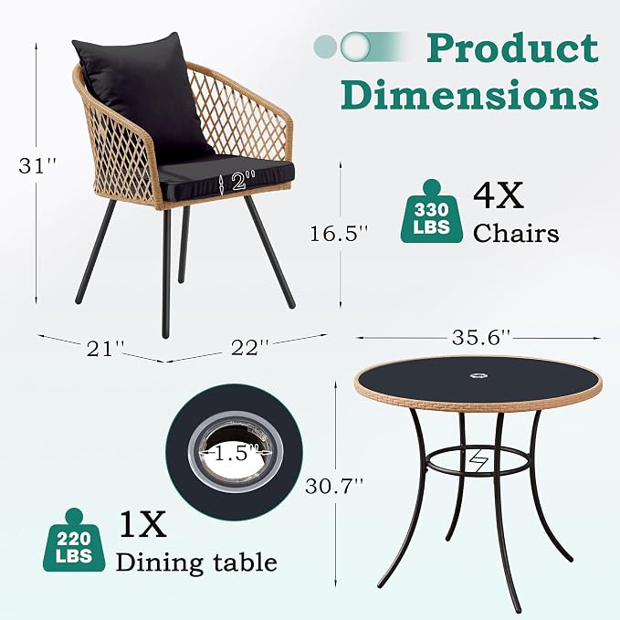 ECOTOUGE 5 Piece Patio Dining Set, Wicker Outdoor Furniture Set w/Glass Round Table, 4 PCS Chairs w/Waterproof Cushions for Backyard Garden Deck, Yellow/Black