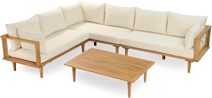 Christopher Knight Home Flynn Acacia Wood Patio Furniture Set, 6-Seater L-Shaped Sectional Sofa Set and Small Coffee Table, Outdoor Conversation Set for Backyard Poolside Balcony, Natural+Beige