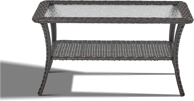Outdoor Coffee Table - Patio Rattan Wicker Coffee Table with Tempered Glass Top and 2-Tier Storage Outdoor Table for Deck Porch Balcony Garden - Brown