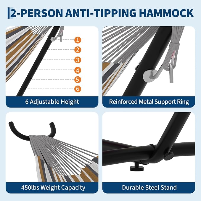 Double Hammock with Steel Stand, Outdoor Portable Hammocks Accommodates with 450Lb Capacity 2 People& Portable Carry Bag for Outside Camping Garden Yard,Rainbow