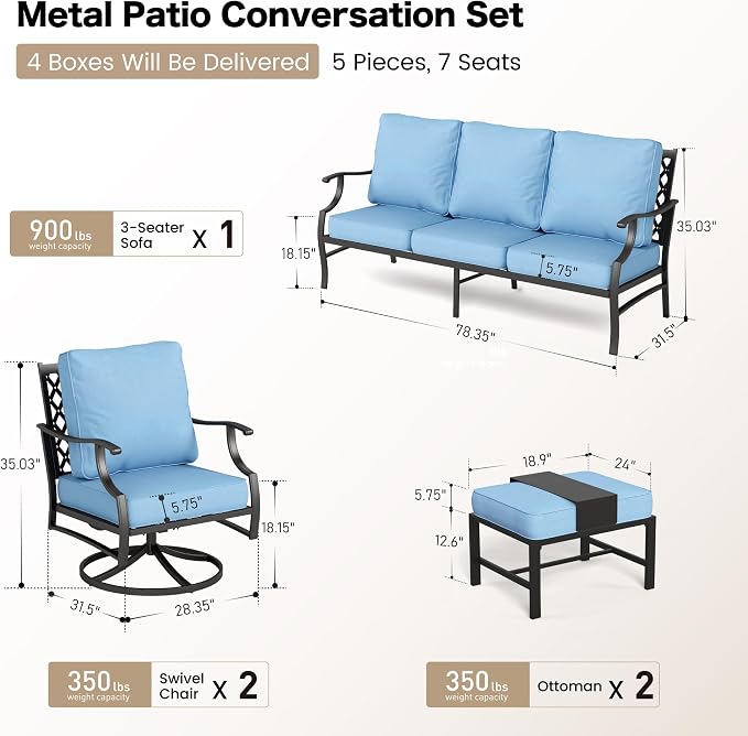 SUNSHINE VALLEY 5 Piece Metal Outdoor Patio Furniture Sets, Patio Conversation Sets 1 3-Seater Sofa, 2 Swivel Chairs, 2 Ottomans with 5.75" Thick Cushion, Black All-Weather Backyard Furniture, Blue