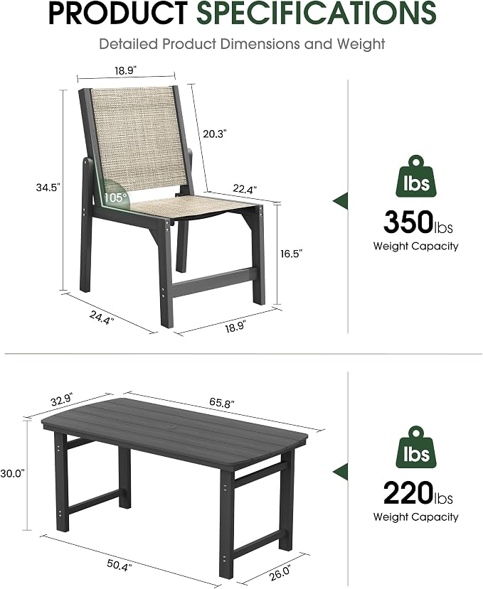 HDPE Outdoor Patio Dining Set with Table & 4 Stackable Armless Textilene Chairs, All-Weather 5-Piece Dining Table Set with Umbrella Hole, Patio Furniture for Garden, Poolside, Backyard, Deck | Grey