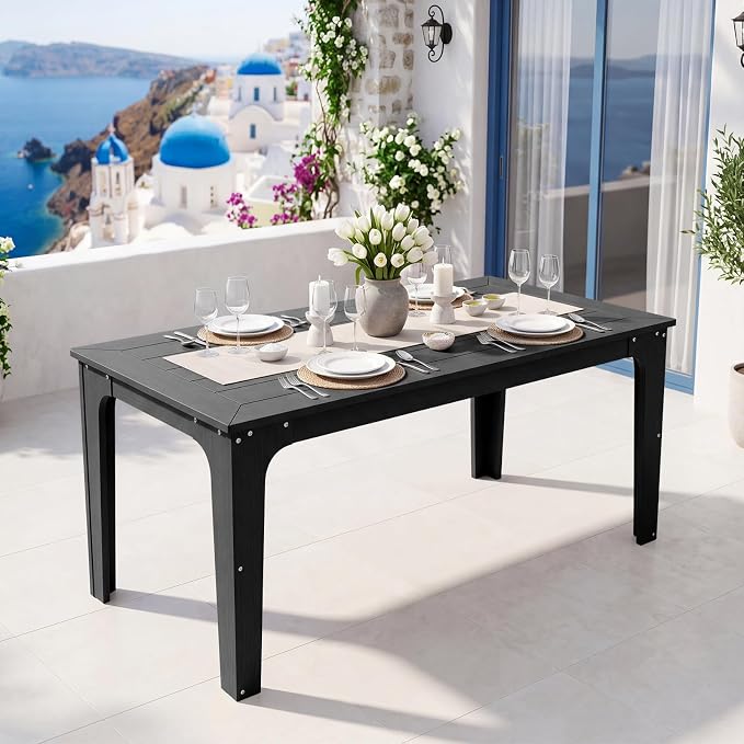 69" HDPE Rectangle Outdoor Dining Table for 6 Person, Black | Weather-Resistant Patio Furniture with Metal Support Bars and Umbrella Hole Cut-Out for Poolside Garden Backyard Deck