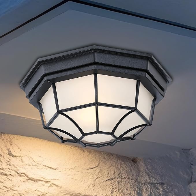10.5 inch Black Octagonal Outdoor Ceiling Lights LED 2700K 3000K 3500K 4000K 5000K Close to Ceiling Light Farmhouse Spider Web Lamp Black Entry Door Lights,Aluminum Alloy,Glass,17W,120V,850Lm-1050Lm