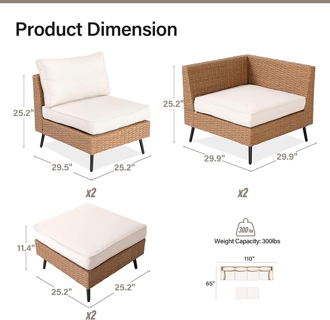 LAUSAINT HOME Outdoor Patio Furniture, 6 Piece Outdoor Sectional Sofa PE Rattan Wicker Patio Conversation Sets, All Weather Patio Furniture Set with Thick Cushions for Garden, Backyard(Beige)