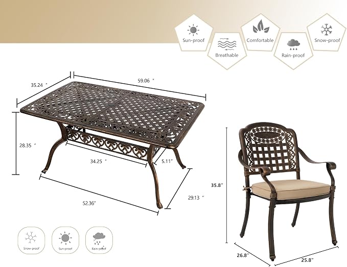 Grepatio 7 Piece Patio Dining Set Outdoor Dining Table Set Cast Aluminum Furniture Set with 6 Dining Armchairs and Dining Table, 6 Cushions Included for Backyard Garden Deck Poolside