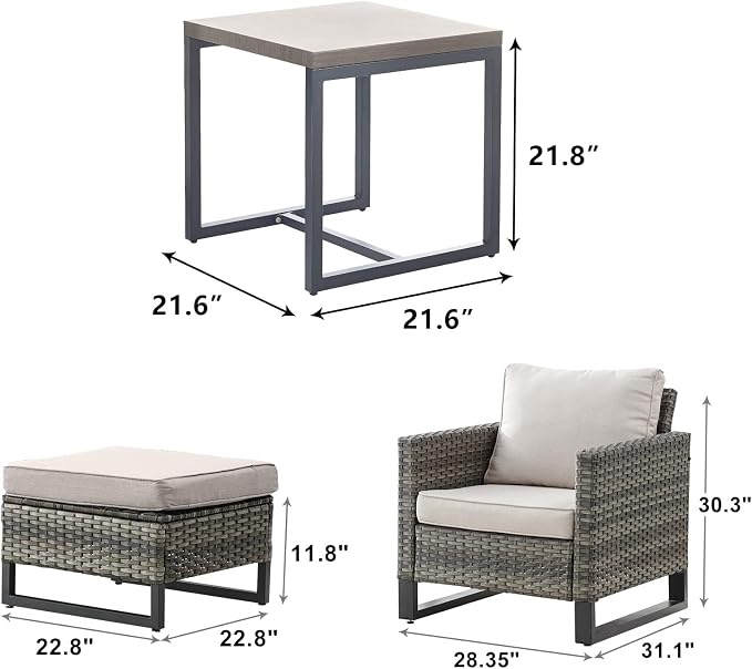Rilyson Luxury Wicker Outdoor Patio Furniture Set of 5-5 Piece Patio Conversation Set with Ottoman*2, Wicker Chairs*2, Metal Side Table*1 for Outside Porch Deck Backyard Garden(Mixed Grey/Beige)