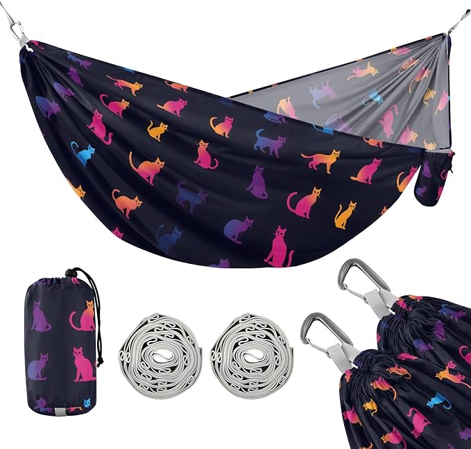 Camping Hammock Outdoor Hammocks for Outside Cat Silhouette Beach Trees Portable Lightweight with Pockets Tree Straps Indoor