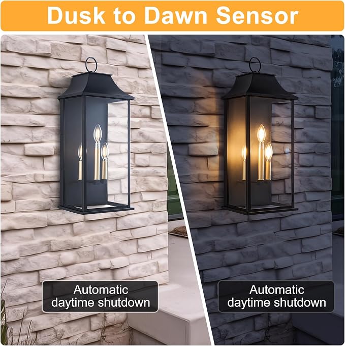 Dusk to Dawn Outdoor Wall Light, Black, 25.3", Aluminium | Large Outdoor Light Fixture, Black Exterior Wall Lantern, Waterproof Outside Wall Sconce for House Porch Patio