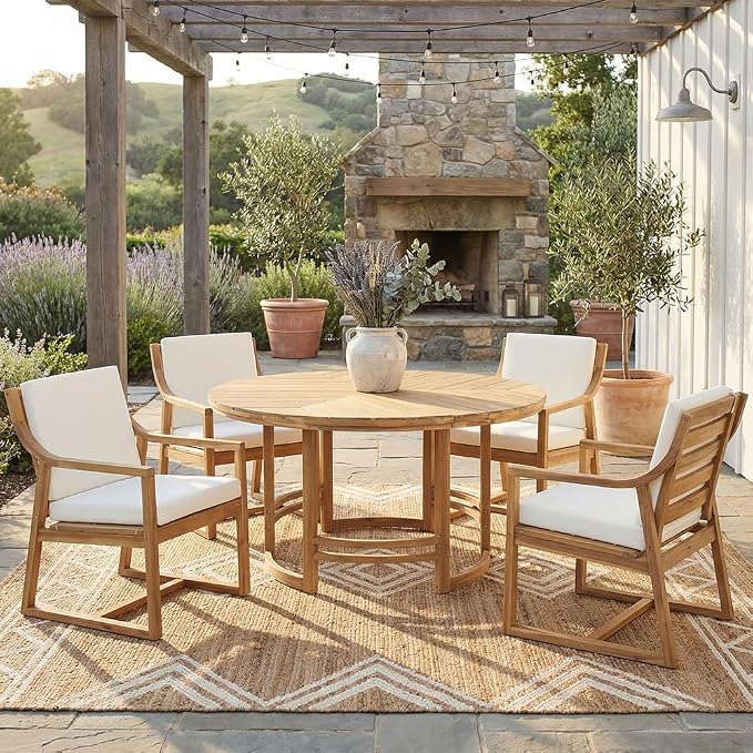 WILLIAMSPACE 59.1" Round Acacia Wood Outdoor Patio Table with Umbrella Hole, Light Teak
