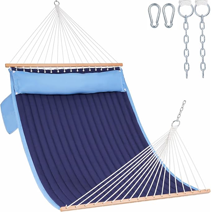 Lazy Daze Hammocks 2 Person Double Quilted Hammock with Spreader Bar, Detachable Pillow & Side Pocket, 450lbs Capacity for Patio Yard Garden Outdoor, Blue