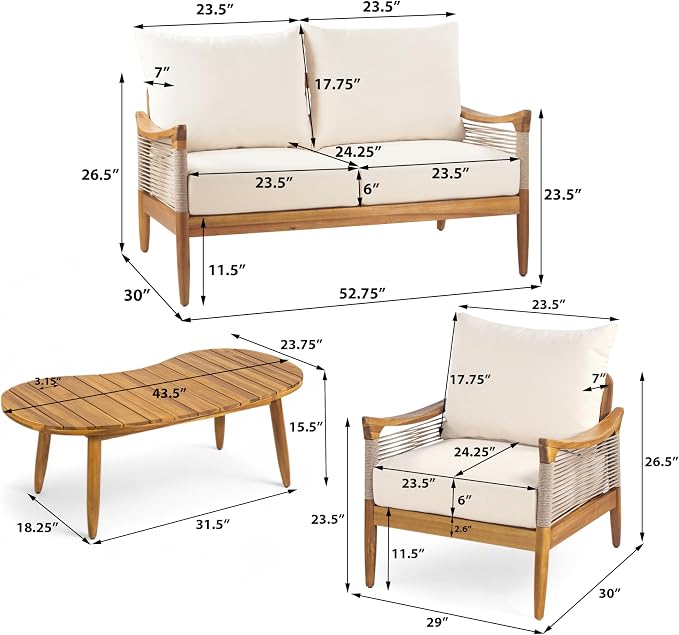 Christopher Knight Home Havets 4 Piece Patio Conversation Sets, Outdoor Acacia Wood Patio Seating Group,Woven Rope Loveseat Chairs with Cushions and Coffee Table for Porch Backyard Balcony, Teak+Beige