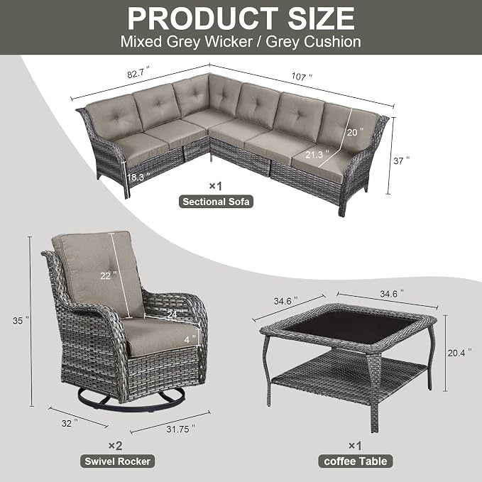 Belord Patio Furniture Set 6 Seats, Outdoor Swivel Rocker Patio Chairs, Oversized Outdoor Sectional Couch, Two 3-Seater Sofas with Coffee Table, Ideal for Porch, Deck, Gray Wicker/Gray