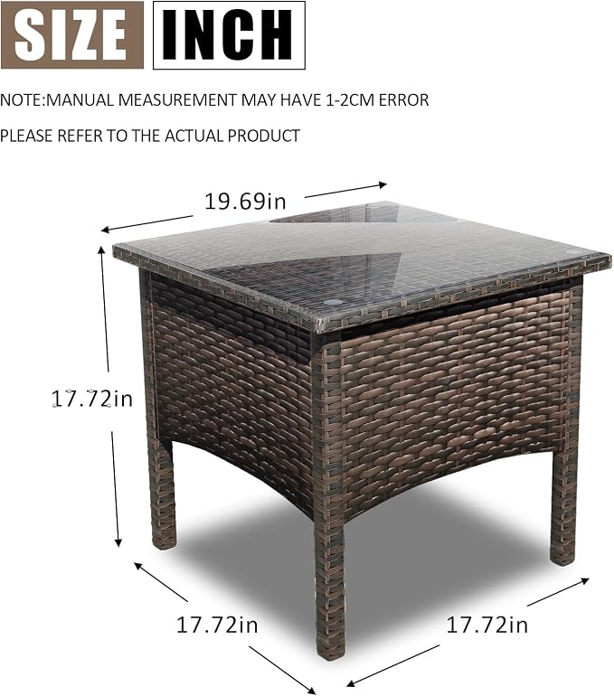Rattan Side Table,Outdoor Patio Wicker Table,Modern Patio End Side Table with Glass Countertop and Storage Space,for Garden Balcony Porch (Brown2)