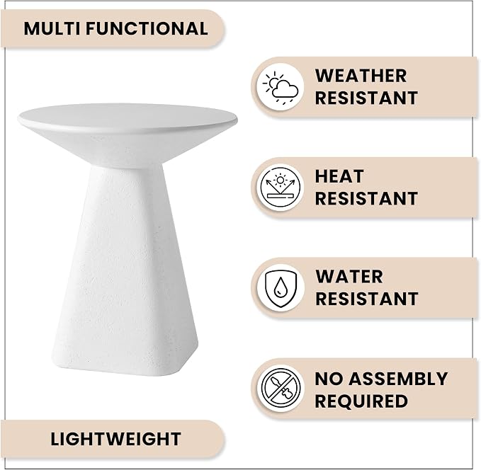 LeisureMod Elsie 18" Wide Circular Fiberstone Side Table for Indoor/Outdoor Use, Powder-Coated Finish, No Assembly Required for Living Rooms, Patios, or Bedrooms (White)