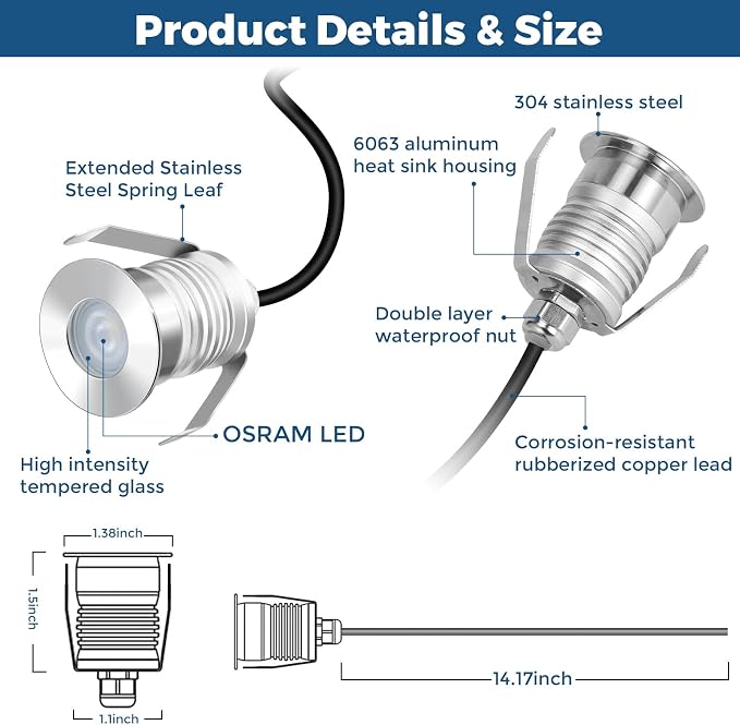 Outdoor Recessed LED Lights, 1 Watt Soffit & Deck Riser Lighting Flush Mount, 12V-24V Low Voltage Landscape In Ground Well Light, IP67 Waterproof, 3000K Warm White, 6 Pack