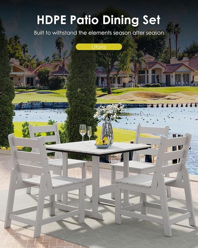 GREENVINES 5-Piece-Outdoor-Dining-Set | HDPE | Square | Patio Furniture | All Weather | Armless Chair | Slatted Table and Chairs Sets for 4 | for Backyard Poolside Garden | White