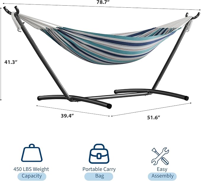 Takywep Double Hammock with Heavy-Duty Steel Stand – 2 Person Cotton Hammock Bed – Portable with Carry Bag – 450lbs Capacity, Space-Saving Frame for Garden, Camping, Beach – Ocean Color
