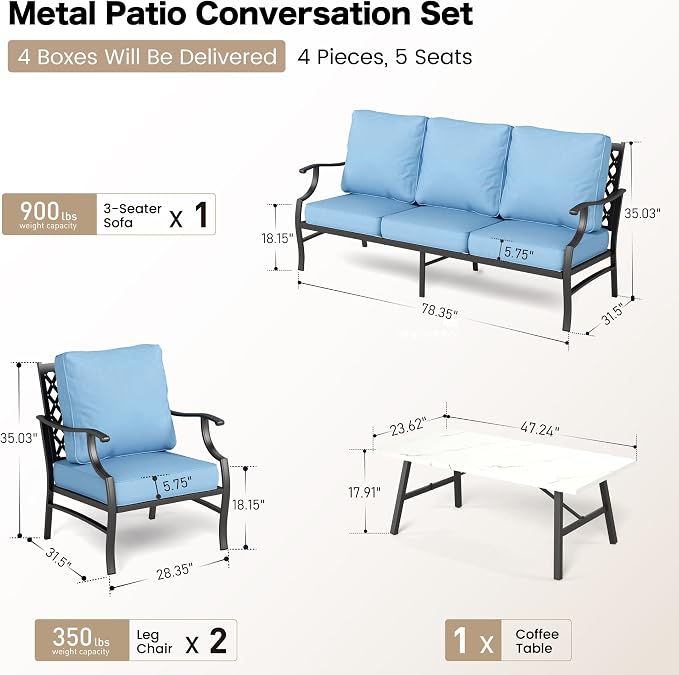 SUNSHINE VALLEY 4 Piece Metal Outdoor Patio Furniture Sets, Patio Conversation Sets 1 3-seater Sofa, 2 Fixed Chair with 5.75" Extra Thick Cushion and Coffee Table, Black Frame Backyard Furniture, Blue