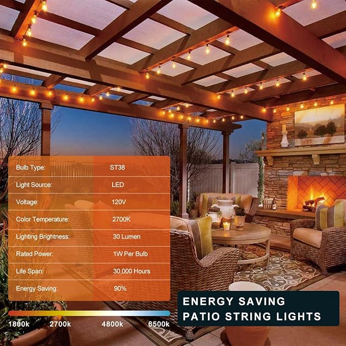 Kawaya Outdoor Lights String LED Patio Lights: 150FT Waterproof Commercial Grade Vintage String Lights for Outside - 72+3 Shatterproof ST38 Edison Bulbs for Porch Bistro Backyard Cafe (75FTx2)