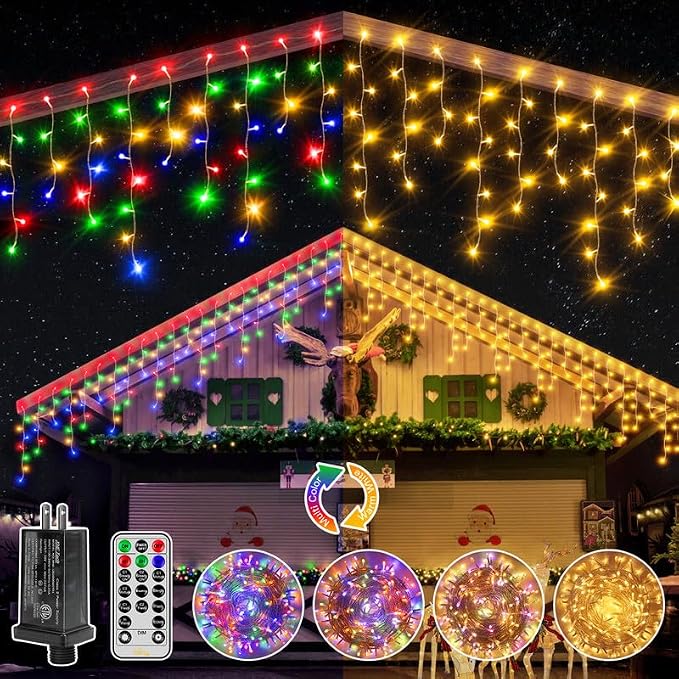 Ollny Icicle Lights for Outside 306LED 25FT, Color Changing Christmas Light with Remote 11 Modes Timers Waterproof, Plug in Connectable Hanging Lights for Outdoor Indoor House Roof Holiday