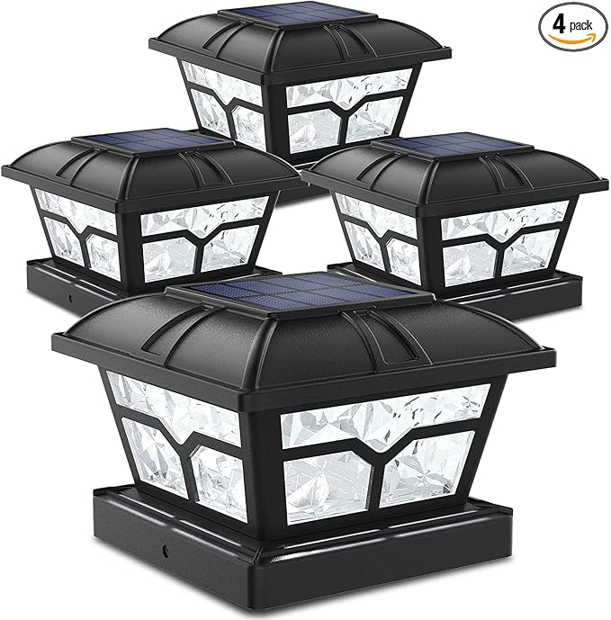 SIEDiNLAR Solar Post Cap Lights Outdoor 2 Color Modes 8 LEDs for 4x4 5x5 6x6 Posts Fence Patio Deck Decoration Warm White & Cool White Lighting Black (4 Pack)
