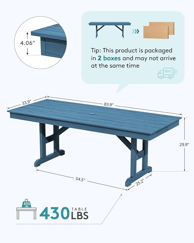 SERWALL Outdoor Dining Table, 84" Rectangular Dining Table for 6-8 Person, All Weather HDPE Outdoor Furniture for Backyard, Garden, Blue