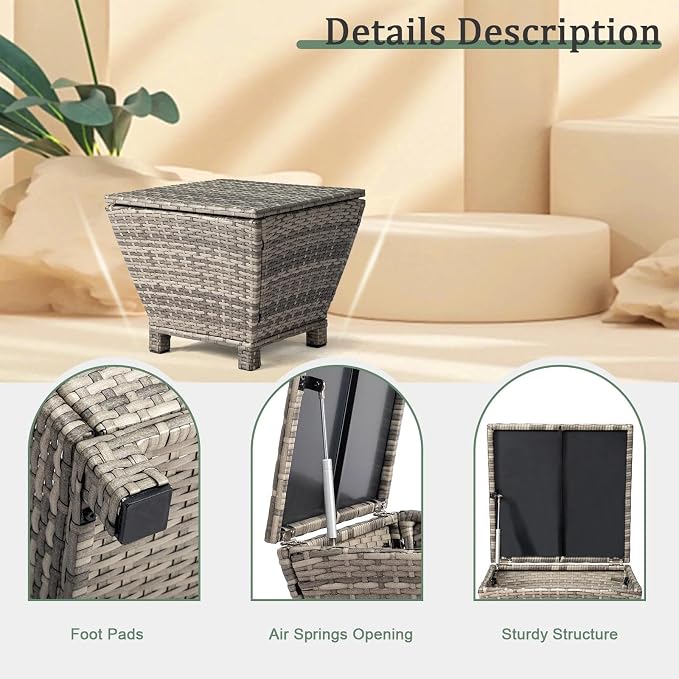HOMSUPPLIE'S 13 Gallon Outdoor Side Table with Storage Space, Waterproof Wicker Patio Deck Box, Rattan End Table with Hidden Storage for Pool Towels, Toys & Garden Tools(Grey,Trapezoid)