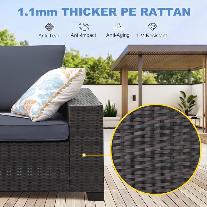 7 Pieces Patio Furniture Set, Wicker Outdoor Conversation Sets with Tea Table, Rattan Patio Sofa with Thick Cushions for Garden, Backyard Porch, Poolside, Party, Gray