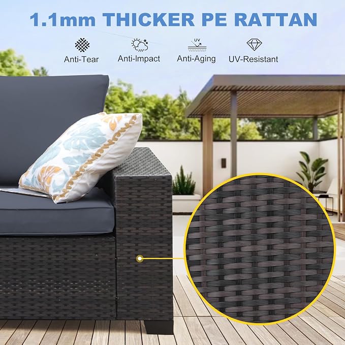 5 Pieces Patio Furniture Set, Wicker Outdoor Conversation Sets with Tea Table, Rattan Patio Sofa with Thick Cushions for Garden, Backyard Porch, Poolside, Party, Gray