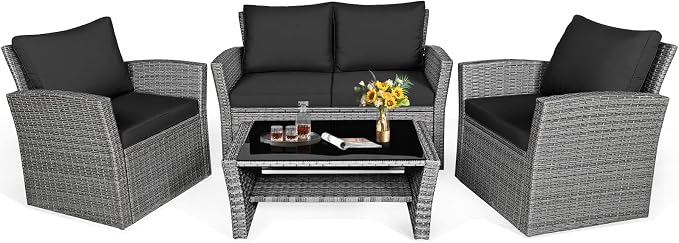 HAPPYGRILL 4 Pieces Conversation Set Outdoor Patio Rattan Furniture Set with Cushions and Coffee Table Sectional Wicker Sofa Set for Garden Porch Balcony Poolside