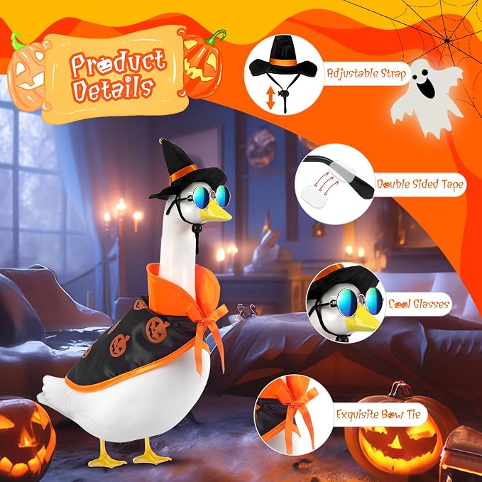 Halloween Porch Goose Outfits, Fall Goose Clothes Fits 17-23 in Statue | Goose Costume with Hat & Sunglasses for Cement Plastic Outdoor Patio Yard Lawn Duck Party Decoration