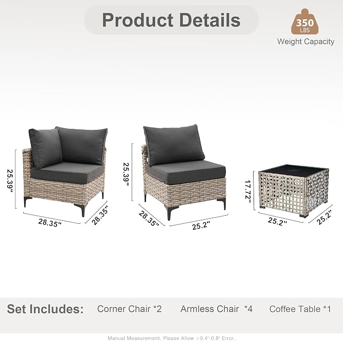 HOOOWOOO Outdoor Patio Furniture Set,7 Pieces Wicker Out Door Sectional Furniture L Shaped Couch,Outside Patio Conversation Sets with LED Table,Denim Blue