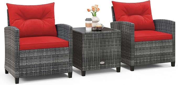 Patio Furniture Set, 3 Pcs Outdoor Wicker Conversation Set with Glass Coffee Table, Patio Chairs w/Washable Cushions, PE Rattan Outdoor Furniture Set for Porch Garden Backyard (Red)