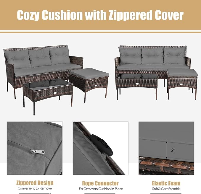 HAPPYGRILL 3 Pieces Patio Furniture Set Outdoor Rattan Conversation Set with Coffee Table, Seat & Back Cushions, Sectional Sofa Set for Poolside Balcony Backyard