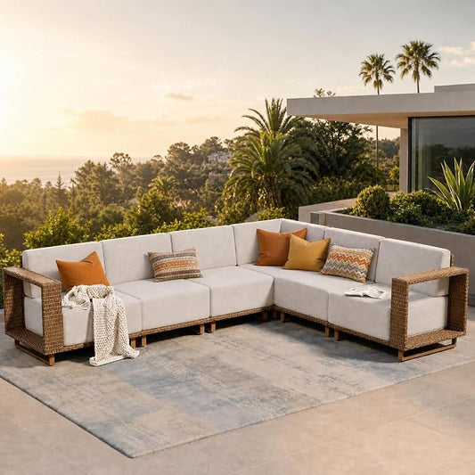 SUNSHINE VALLEY Patio Sectional Furniture, Outdoor Yellow Rattan Wicker Sofa with 10''Ultra-Thick Cushions, L Shaped Modular Patio Conversation Set, Low Profile Lawn Garden Backyard Couch Set