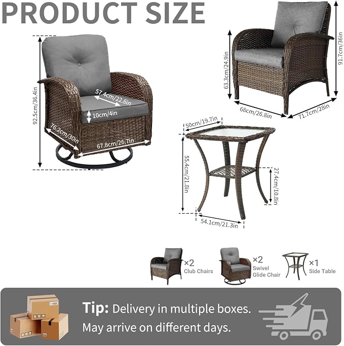 SHGJ&SOFT All Weather Patio Furniture Set, High Back Swivel Rocker Glider Chairs，Ottomans & Glass Tables, Outdoor Conversation Set for Deck Porch Yard Poolside (Grey, 5PCS-Swivel Chairs&Chairs&Table)