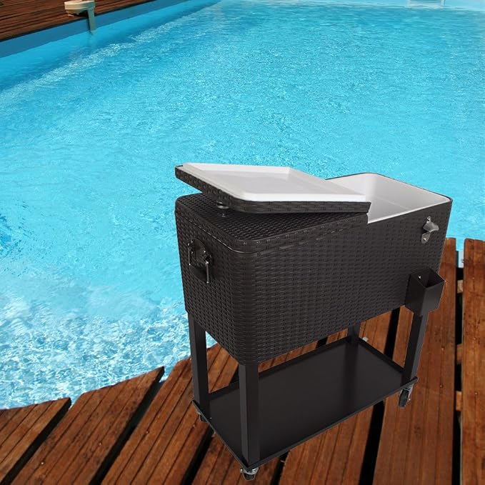 HIO 80 Qt Outdoor Patio Cooler Table On Wheels, with Shelf, Dark Brown Wicker