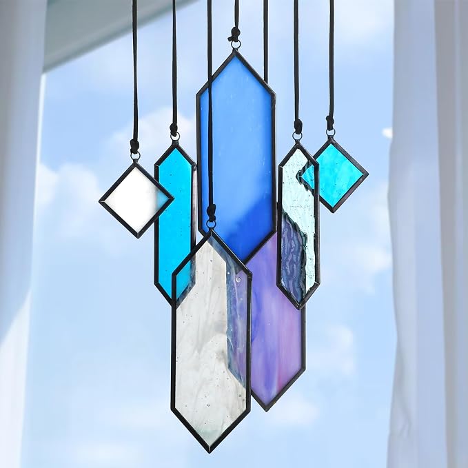 7pcs Stained Glass Window Hanging Suncatchers Modern Blue Wall Art Ornament | Blue Dreams,Sun Catchers Indoor Window,Home Garden Decor,Element Earth Tones Panel Set,Gift For Women,With String & Hook