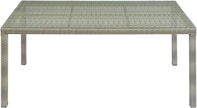 Modway Conduit Wicker Rattan Glass Outdoor Patio 70" Rectangular Dining Table in Light Gray
