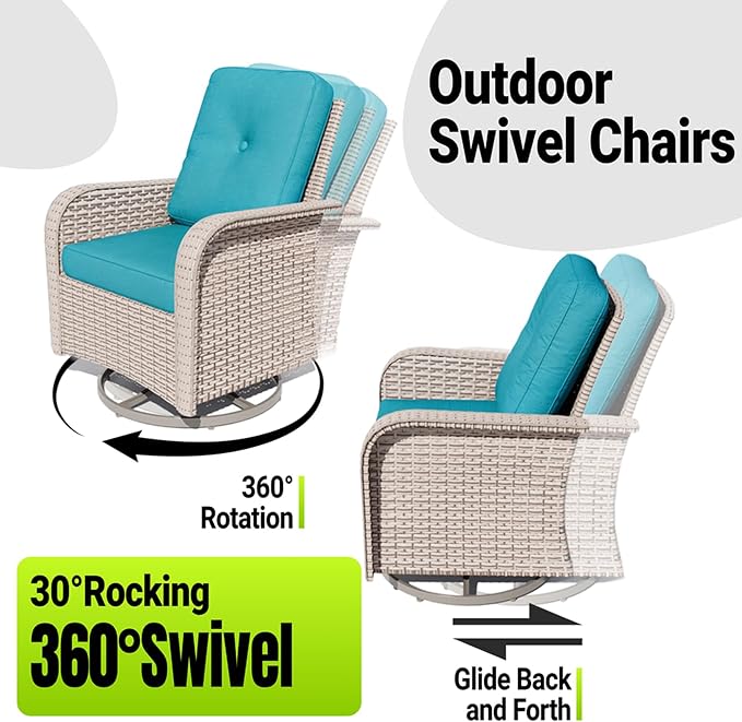 16 Pieces Patio Furniture Set with Fire Pit Table, Outdoor Sectional Wicker Sofa with Thick Cushions, High Back Swivel Rocker Patio Chairs, Rattan Conversation Set with Coffee Table, Cyan