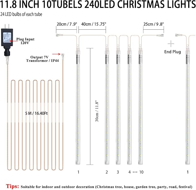 EEIEER Meteor Shower Lights Outdoor, 11.8 inches 10 Tubes 240 LED Snowfall Falling Rain Lights for Halloween Christmas Holiday Tree Home Party-White