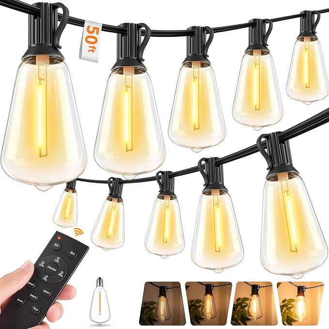 Hotsonic Remote Control Outdoor String Lights Waterproof, 50FT LED Outside Lights with Shatterproof Bulbs, Dimmable Hanging Lights 3 Modes for Patio Porch Garden Pergola Yard House Bistro Party Decors