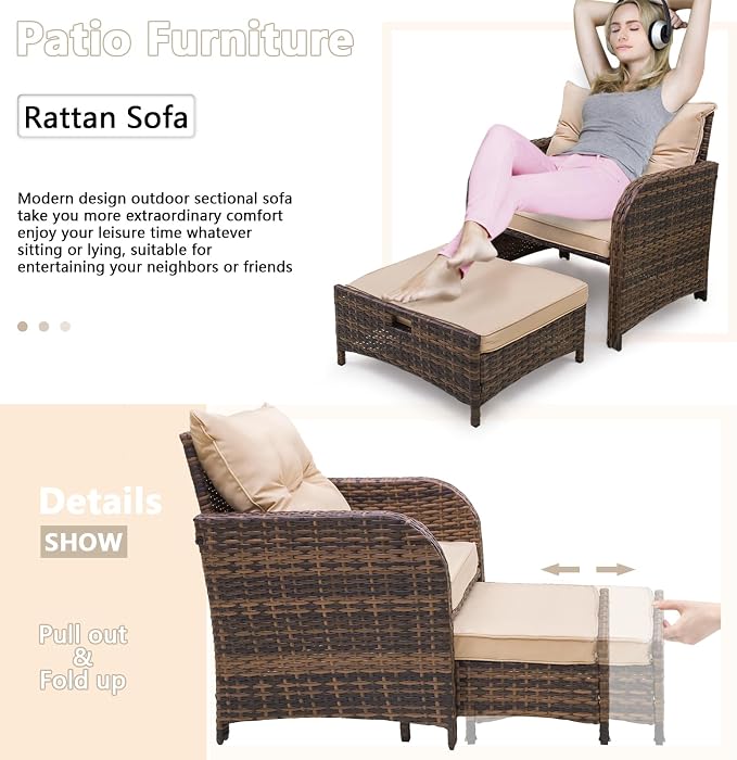5 Pieces Outdoor Patio Chairs with Ottomans, PE Wicker Rattan Outdoor Furniture w/Footstool Sets, Front Porch Furniture Set, Wicker Patio Conversation Sets for Garden Lawn Balcony(Beige)