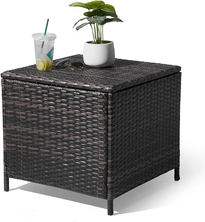 HOMSUPPLIE'S 27 Gallon Outdoor Side Table with Storage Space, Waterproof Wicker Patio Deck Box, Rattan End Table with Hidden Storage for Pool Towels, Toys & Garden Tools(Brown,Square)