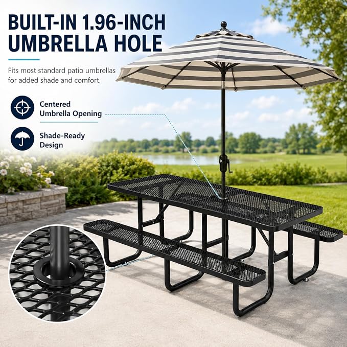 8 FT Heavy Duty Outdoor Metal Picnic Table with Umbrella Hole, Commercial Grade Steel Picnic Table with Benches, Seats 8-10 Adults, Weather Resistant for Backyard, Park, School & Campground